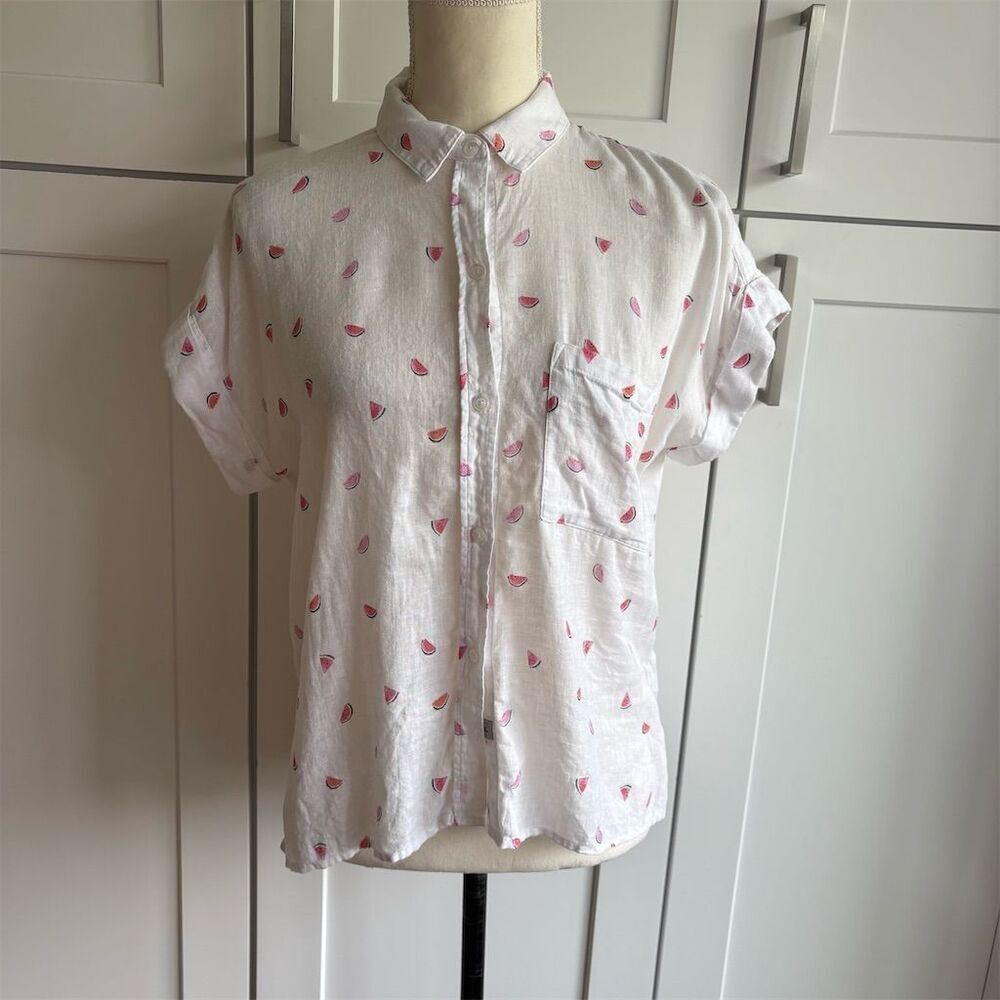 Rails XS Linen Blend White watermelon Print Button-Up Shirt Short Sleeve